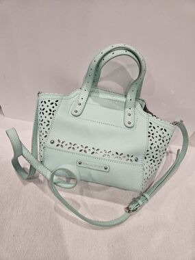 B. Makowsky Perforated Saffiano Mini Tessa Leather Tote Handbag Beach Glass Mint